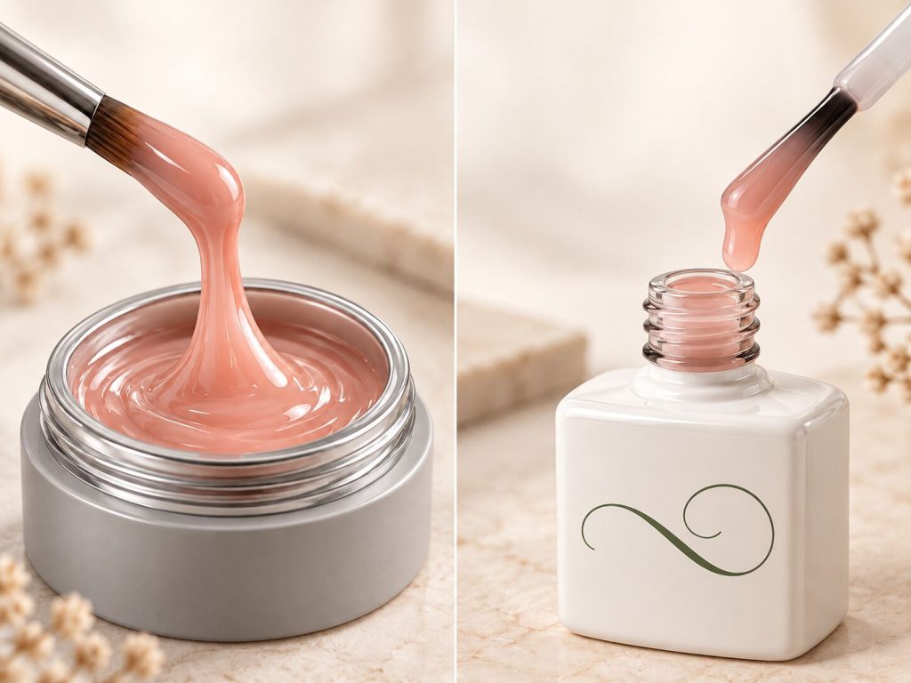 Nude pink hard gel lifted from a pot with a brush, next to builder gel dripping from a brush-on bottle