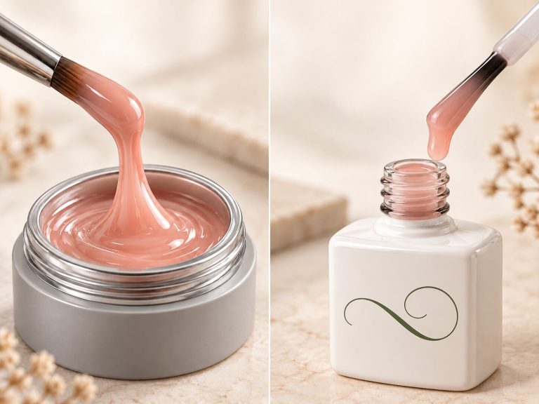 Nude pink hard gel lifted from a pot with a brush, next to builder gel dripping from a brush-on bottle