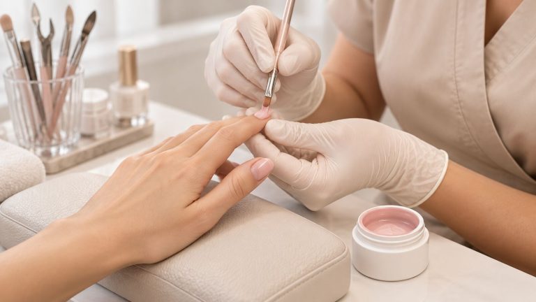 Gloved nail technician applying pink gel to a client's nail without touching the skin, gel jar on the desk
