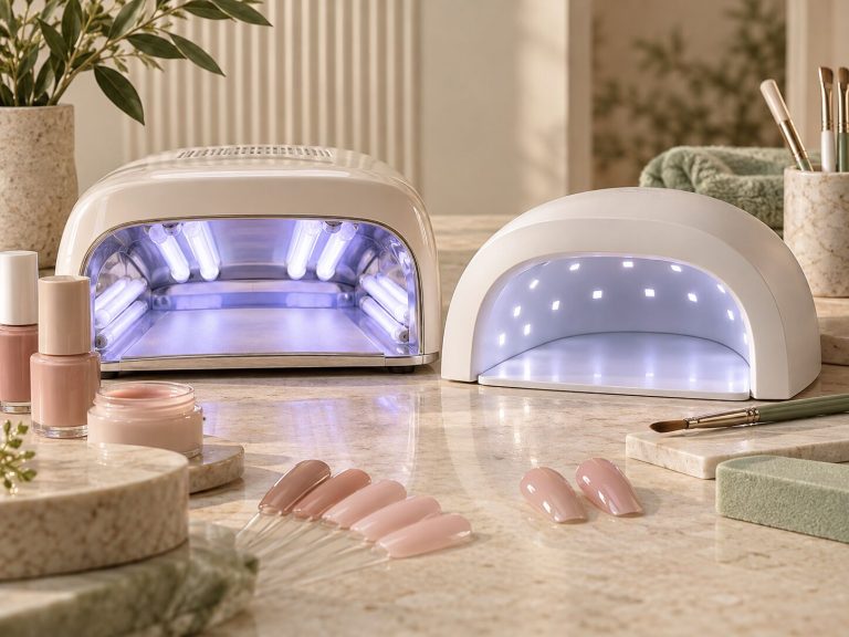 Fluorescent UV nail lamp beside a modern LED nail lamp, with nude gel tips and polish on a marble counter