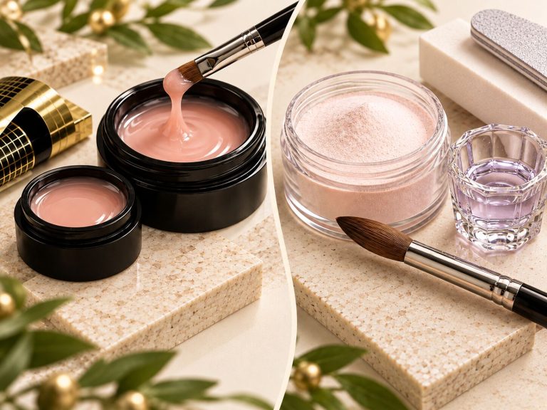 European builder gel in pots beside North American acrylic powder, liquid monomer and brush