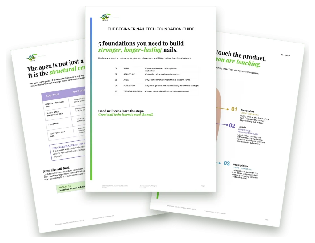 Three pages of the free Nail Tech Foundation Guide: the five foundations, nail prep and apex placement