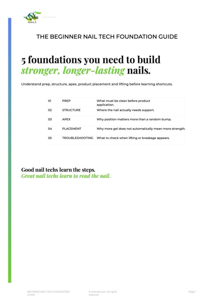 Cover page of the Beginner Nail Tech Foundation Guide: five foundations you need to build stronger, longer-lasting nails, with a contents list of prep, structure, apex, placement and troubleshooting.