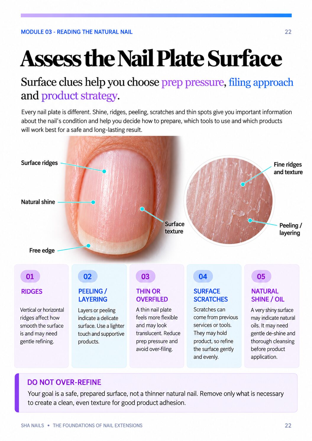 Manual page on assessing the nail plate surface for ridges, peeling, thin areas, scratches and natural shine