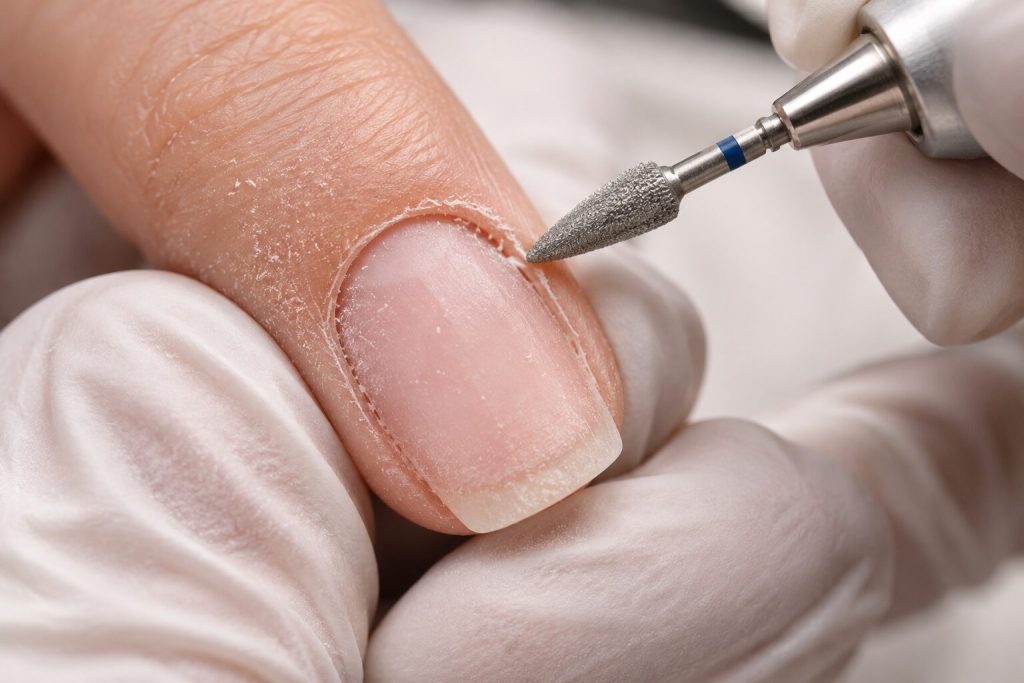 Close-up of nail prep with an e-file bit working along the cuticle area of a natural nail