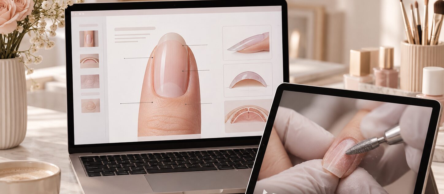 Nails Foundations video lessons: nail anatomy diagrams on a laptop and an e-file prep demonstration on a tablet