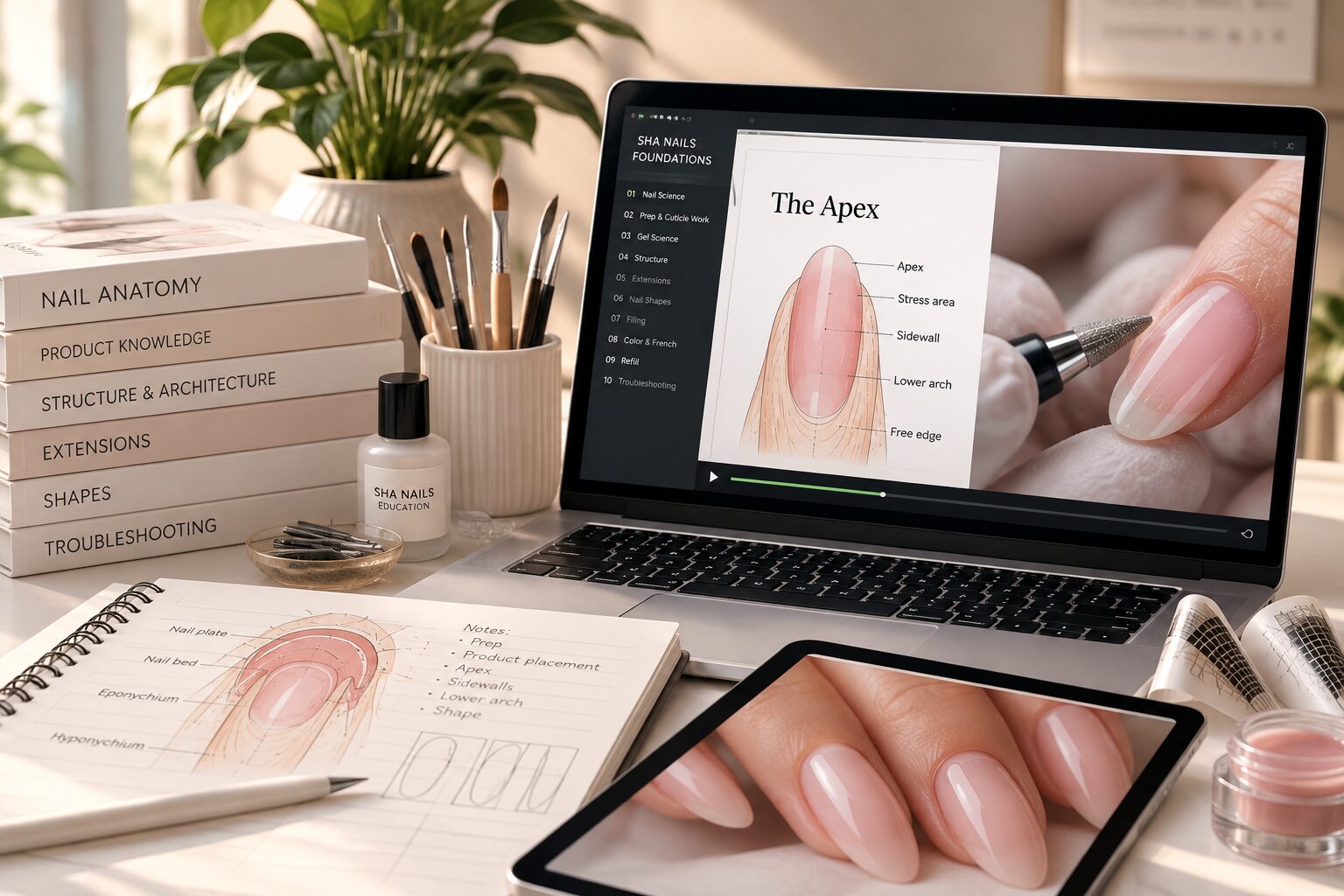 Nails Foundations online course lesson on the apex of the nail, open on a laptop at a nail tech's desk