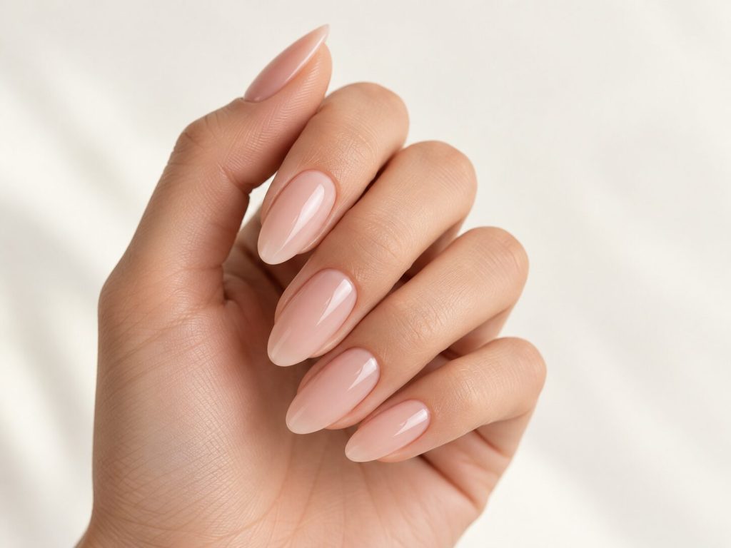 Hand with natural nude almond-shaped gel nails with a glossy finish
