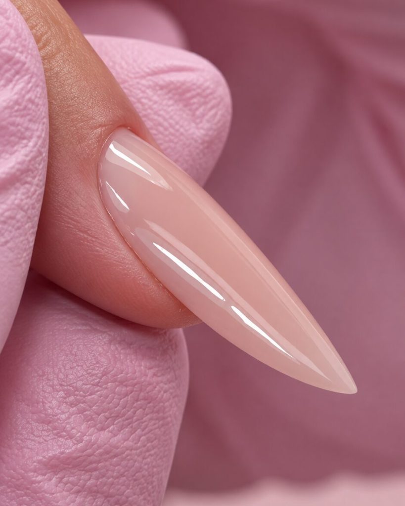 Close-up of a long, glossy blush-pink stiletto gel nail extension