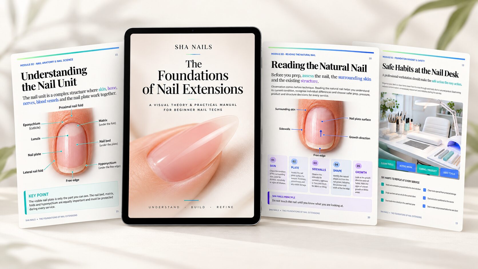 The Foundations of Nail Extensions training manual by Sha Nails shown on a tablet beside printed manual pages